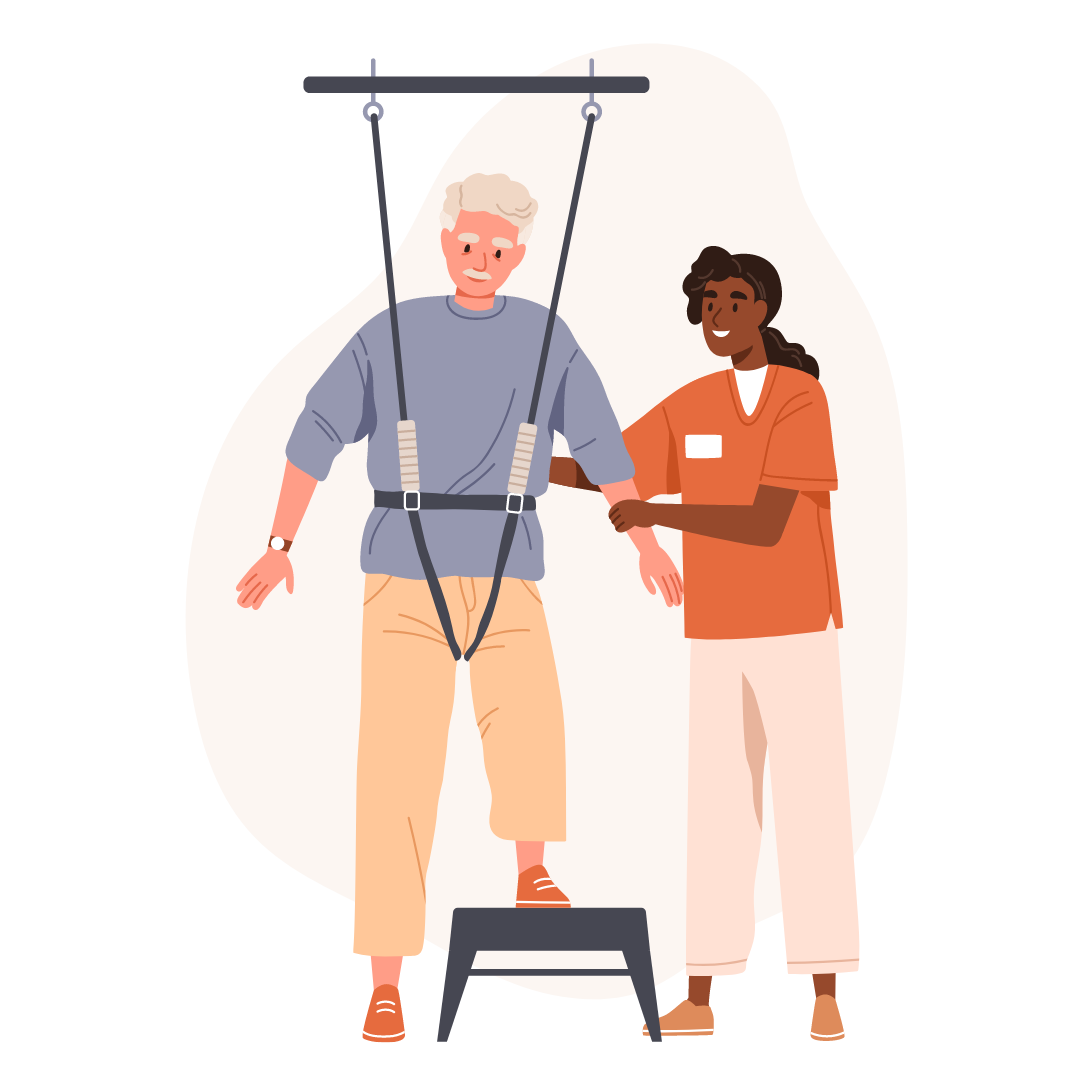 Ältere Person macht Gleichgewichtstraining mit Sicherheitsgurt und Unterstützung durch Physiotherapeutin